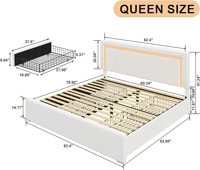 Queen Bed Frame with 4 Storage Drawers and Adjustable Headboard, Upholstered Platform LED Bed with Type-C&USB Ports, Solid Wooden Slats Support, Faux Leather, Easy Assembly, Beige