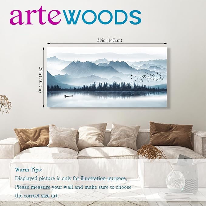 arteWOODS Indigo Canvas Wall Art Misty Mountain Wall Pictures Foggy Lake Boat Canvas Painting Blue Forest Birds Canvas Wall Decor for Living Room Wall Decorations Framed Ready to Hang 29" x 58"