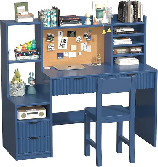 Blue Wooden Kids Fluted Desk and Chair Set,Kids Study Desk with Storage Shelves,Kids Study Table and Chair Set with 4 Fluted Drawers,Girls Study Desk for Kids with Hutch for Bedroom-p7P54u
