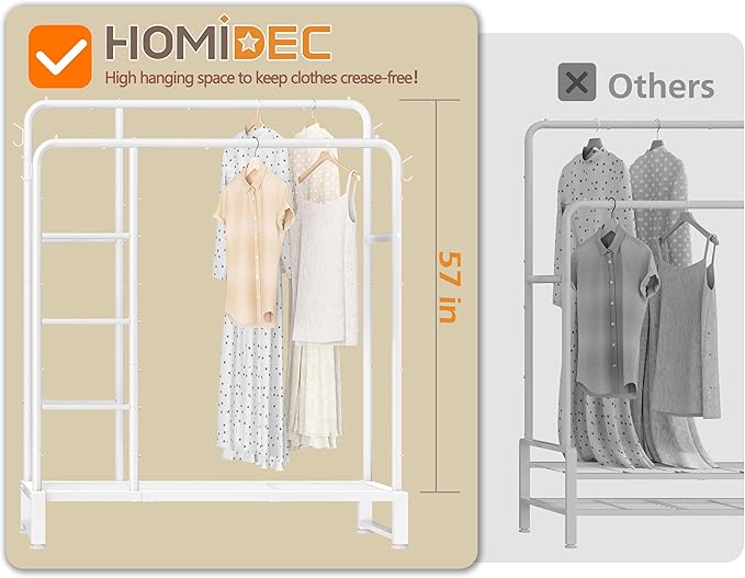 Double Rods Clothes Rack Clothing Rack with 4 Tier Storage Shelves Clothes Rack for Hanging Clothes Multifunctional Heavy Duty Clothes Organizer with Hooks for Bedroom,Wardrobe Closet,Shop,White