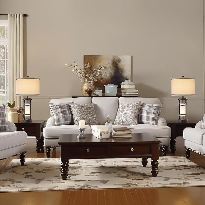 Set of 2 Modern Table Lamps for Living Room, Contemporary Nightstand Lamp with Dual USB Port, Bedside Lamps with White Frosted Glass Night Light for Bedroom, 4 Bulbs Included (Black)