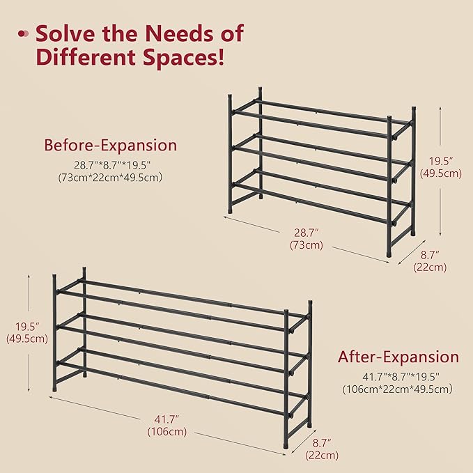 Tajsoon Expandable Shoe Rack for Closet 3 Tier, 28“-41“Adjustable & Stackable Shoe Shelf Storage, Metal Shoe Rack Organizer for Front Door Entrance, Closet, Garage, Entryway, Black