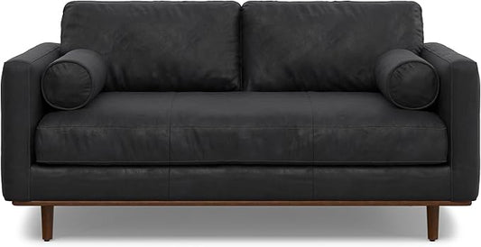 SIMPLIHOME Morrison 72-inch Wide Sofa in Lead Black Genuine Leather, Mid-Century Modern-Style Loveseat for Living Room, Single Bench Cushion, Removable Back Cushions, 2 Bolster Pillows