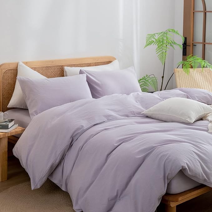 BESTOUCH Duvet Cover Set 100% Washed Cotton Linen Feel Super Soft Comfortable Chic Lightweight 2 PCs Home Bedding Set Solid Taro Purple Twin/Twin XL