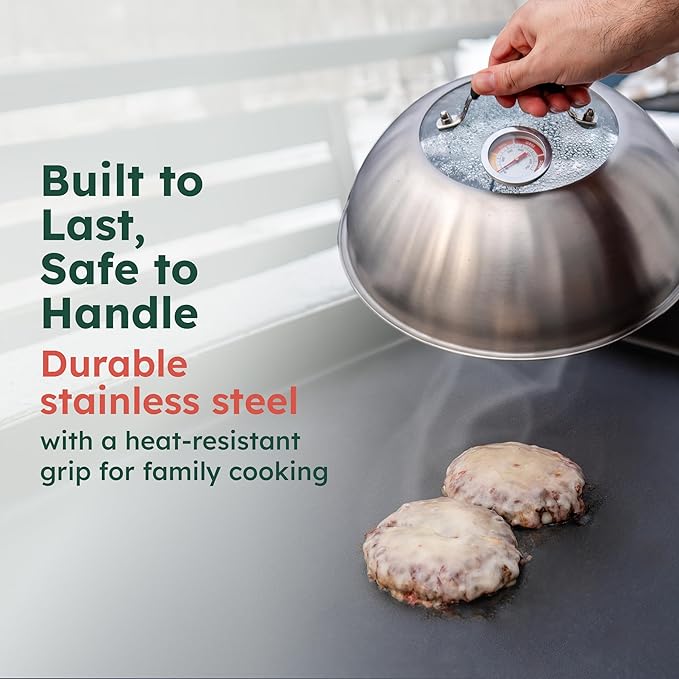Melting Dome with Thermometer & Glass Top – 12-inch Stainless Steel Griddle Dome - Basting Cover with Steam Vent – Perfect for BBQ, Grilling, Cheese Melting & Family Cooking – 700°F