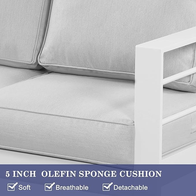 Wisteria Lane Aluminum Outdoor Patio Furniture Set, 7 Seats Modern Patio Conversation Sets, Outdoor Sectional Metal Sofa with 5 Inch Cushion and Coffee Table for Balcony, Garden, Light Grey