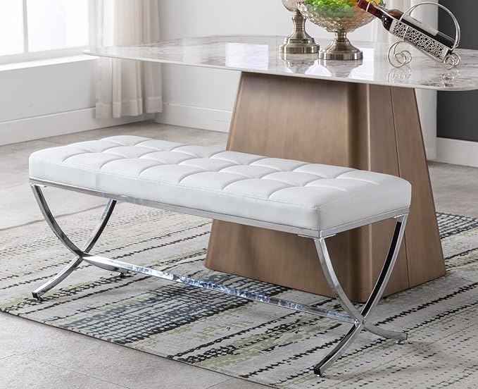 EALSON Modern Entryway Bench Leather Upholstered Dining Bench with Metal Base Button Tufted Ottoman Bench with Padded Seat Accent Foot Bench for Bedroom End of Bed/Living Room, White