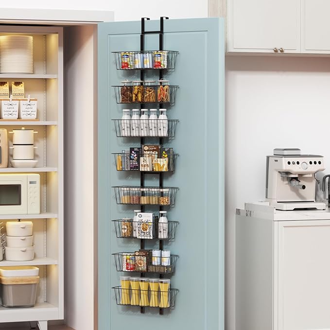 8-Tier Over the Door Organizer with Baskets - Metal Spice Rack Hanging Storage Rack for Pantry, Kitchen, Spices & Laundry, Adjustable Shelves, Heavy Duty Hanging Storage Organizer Door Mount, Black