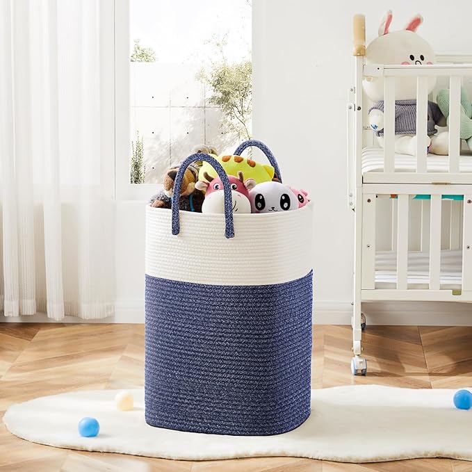 Laundry Basket,Woven Cotton Rope Laundry Hamper,Versatile Storage for Dirty Clothes,Baby Toys,and Blankets in Bathroom, Nursery,and Living Room (Blue, 40L)