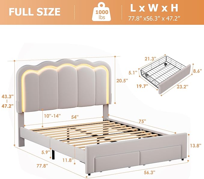 Full Upholstered LED Bed Frame with 2 Storage Drawers and Adjustable Chic Double Wavy Headboard, Velvet Prince Platform Bed with Charing Station, Solid Wood Slats Support,No Box Spring Needed,Grey