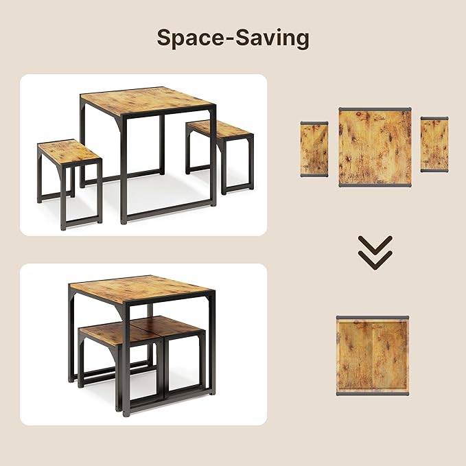 Gizoon Dining Table Set for 2, Kitchen Table Set for 2 with Steel Frame, Kitchen Table with 2 Benches for Small Space, Space Saving Design for Restaurant, Living Room, Retro