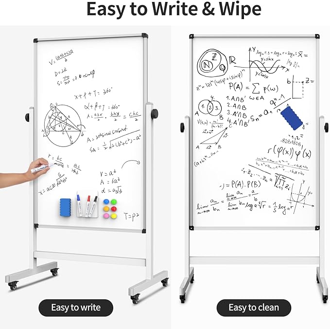 Rolling Whiteboard, Double Sided Magnetic Dry Erase Board Height Adjustable Whiteboard with Stand for Home Office Classroom (44" x 28")
