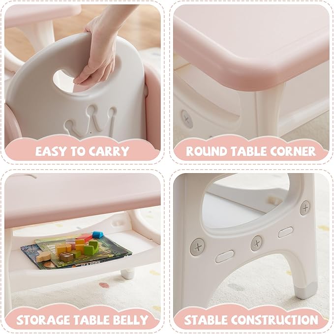 Kids Table and Chair Set, Plastic Children Activity Table with 2 Chairs, Toddler Table and Chair Set for Reading, Drawing, Snack Time, Arts Crafts, Preschool, Gift for Boys Girls