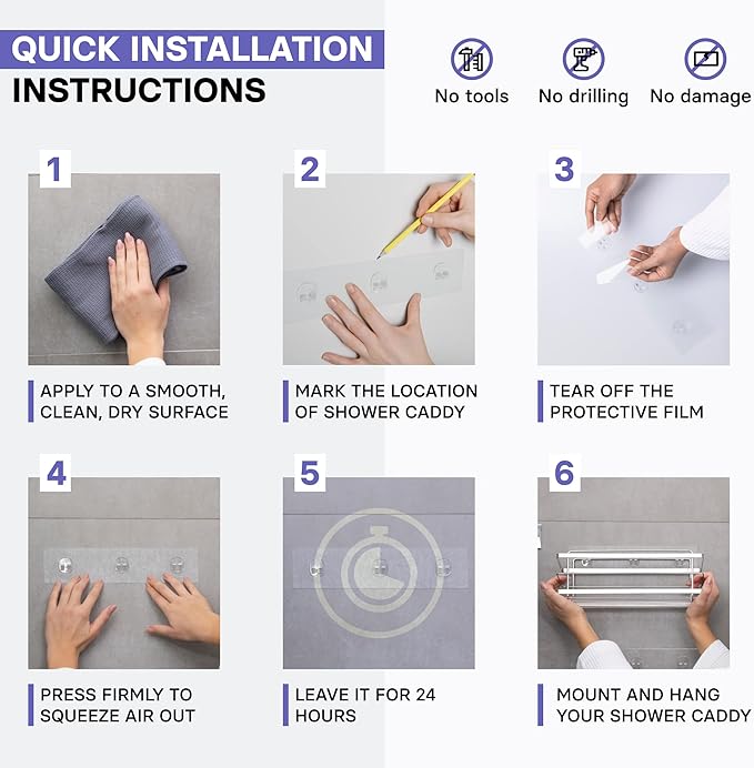 KINCMAX Shower Shelves 2-Pack - Self Adhesive Caddy with 4 Hooks - No Drill Large Capacity Stainless Steel Wall Shelf - Aesthetic Organizer for Inside Bathroom - Polished Silver