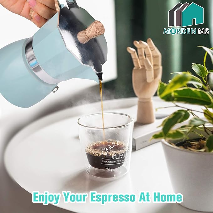MORDEN MS Moka Pot - Stovetop Espresso Maker 3 Cup/5 OZ Italian Coffee Maker Camping Coffee Pot Manual Cuban Coffee Percolator for Cappuccino or Latte- Blue