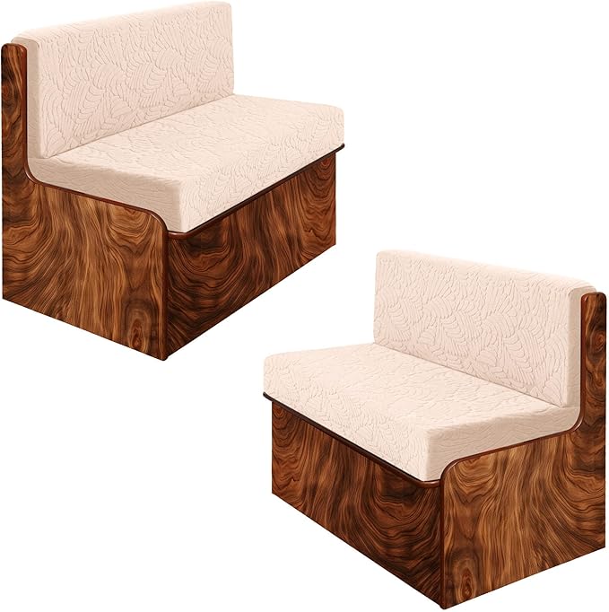 Jacquard Stretchable Dinette Cushion Covers - RV Camper Couch Replacement, 2 Backrest & 2 Bench Covers (Leaves, Beige)