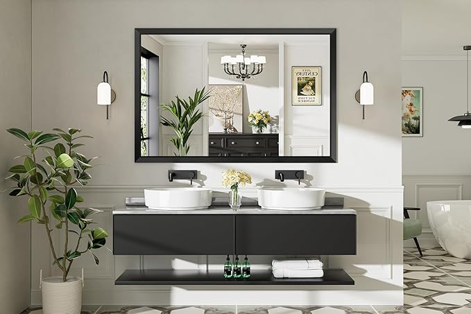 60x40 Inch Black Bathroom Mirror for Wall, Thick Metal Framed Rectangle Mirrors for Over Sink, Bedroom, Living Room, Entryway, Anti-Rust, HD Tempered Glass