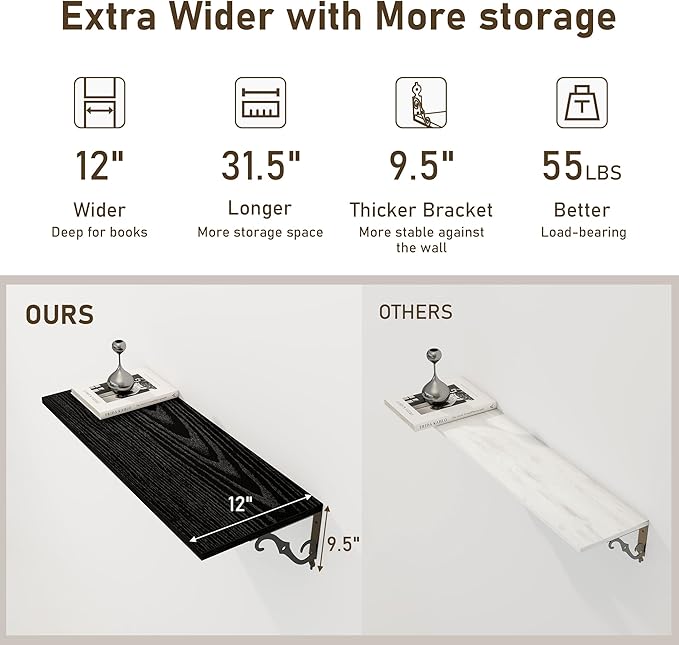 Deep Floating Shelves, 31" W x 12" D Wall Shelves Set of 2, Wide Display Shelf Wall Mounted with Brackets, Bookshelf for Living Room, Bathroom, Bedroom, Black