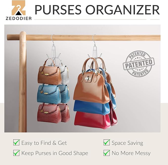 ZEDODIER Purse Organizer for Closet, 3 Pack Rotatable Sturdy Purse Hanger Bag Rack with 18 Hooks, Space Saving Handbag Backpack Holder, Closet Organizers and Storage, Silver