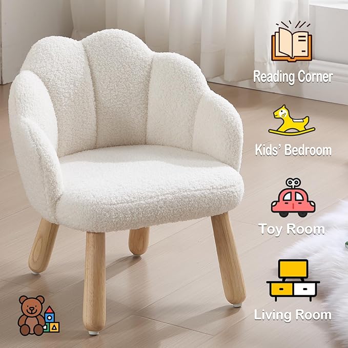 Toddler Chairs, Kid Chairs with Solid Wooden Frame, Toddler Armchair Comfy, Upholstered Kids Chair with Flower Back, Kid Sofa, Toddler Couch for Playroom, Kindergarten & Preschool, White
