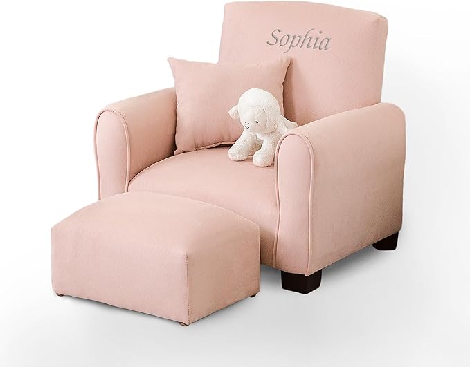 Toddler Personalized Armchair, Kids Upholstered Rocking Chair with Personalization, Toddler Chair with Personalized Name, Comfy Child Armchair, (Blush Suede, Rockers)