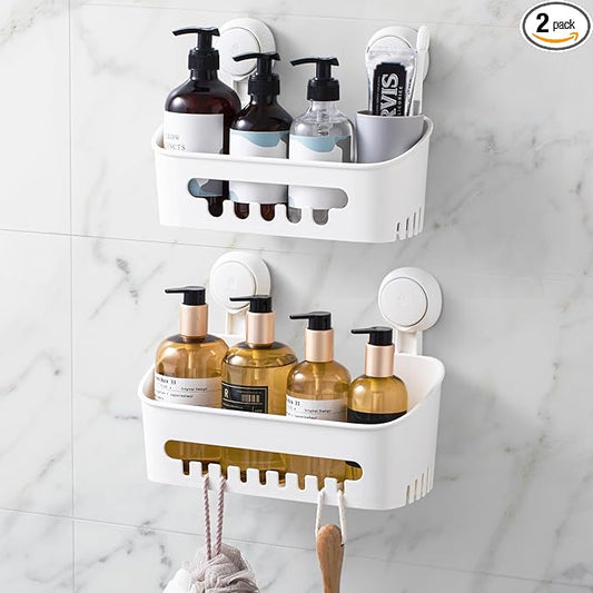 LEVERLOC Shower Caddy Suction Cup 2 Pack, Shower Organizer Removable Bathroom Shelf, Storage Suction Powerful Max Hold 22lbs Bathroom Caddy Waterproof Holder, White