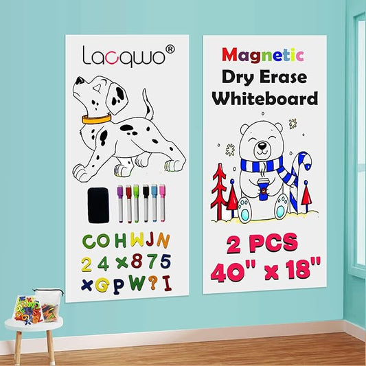 2 Pcs Magnetic Dry Erase White Board Contact Paper for Wall 40"x 18" Adhesive Whiteboard Sticker Roll with 53 Magnet Letters for Kids Peel and Stick Whiteboard Wallpaper Magnetic Pain