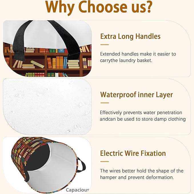 Library Book Shelf Pattern Laundry Basket,Waterproof Foldable Laundry Hamper,Dirty Clothes Laundry Basket, Linen Bin Storage Organizer for Toy Collection 16" x 20"