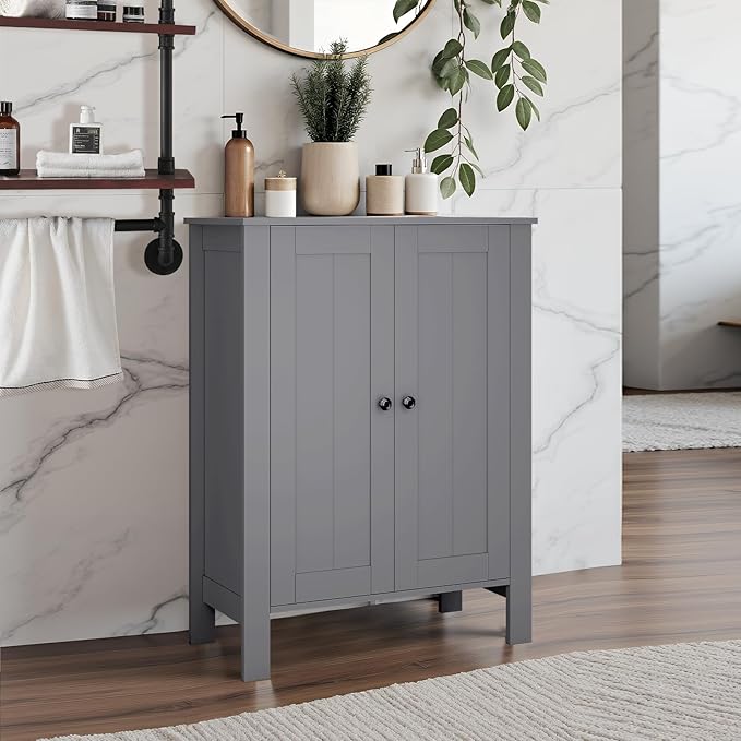 Bathroom Cabinet, Modern Bathroom Floor Storage Cabinet, Freestanding Organizer with Adjustable Shelves & Double Doors, 3-Tier Home Living Room Furniture