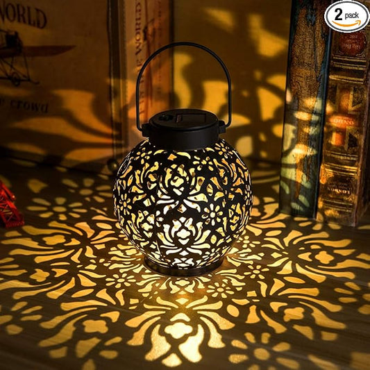 Outdoor Solar Hanging Lantern Lights Metal LED Decorative Lamp for Garden Patio Courtyard Lawn and Table with Hollowed-Out Design (Bronze)