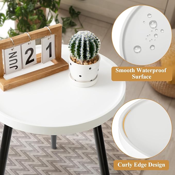 danpinera Round Side Table, Metal Legged Accent Table with Wooden Tray, Small Round End Table for Living Room, Bedroom, Nursery, White & Black