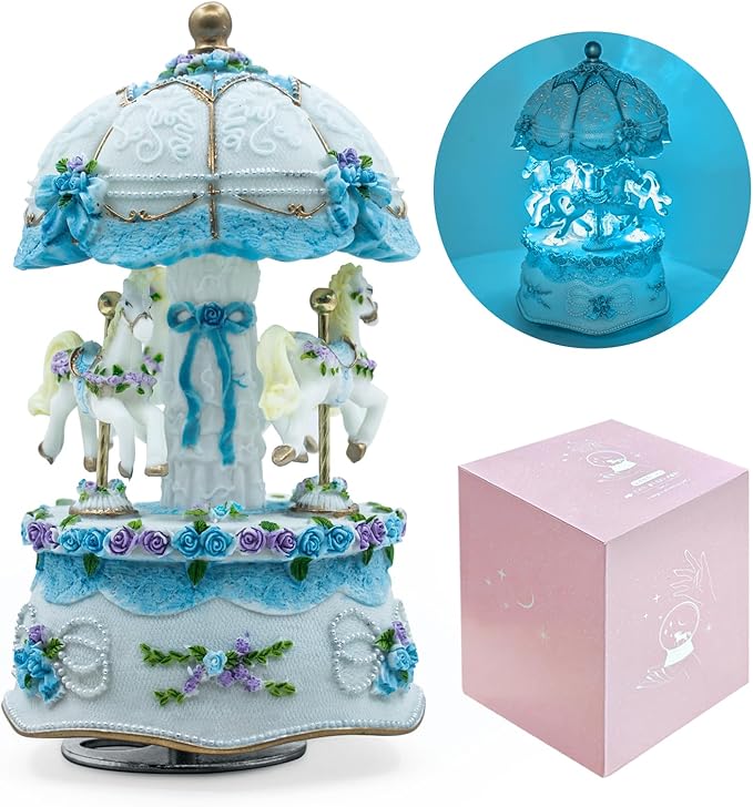 Carousel Music Box，Luxury Color Change LED Light Music Box,Luminous Rotating 3-Horse Musical Box with Gift Box for Girls Birthday Valentine Gift (Castle in The Sky, Blue)