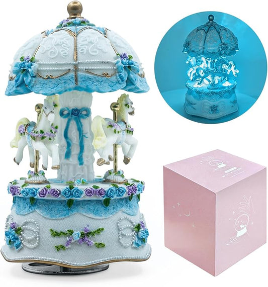 Carousel Music Box，Luxury Color Change LED Light Music Box,Luminous Rotating 3-Horse Musical Box with Gift Box for Girls Birthday Valentine Gift (You are My Sunshine, Blue)