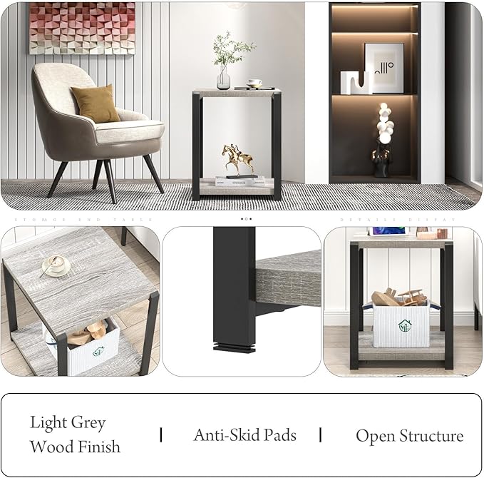 FOLUBAN Modern Side Table, Square End Table with Storage for Living Room Office, Rustic Bedside Table for Bedroom, Small Spaces, Light Grey