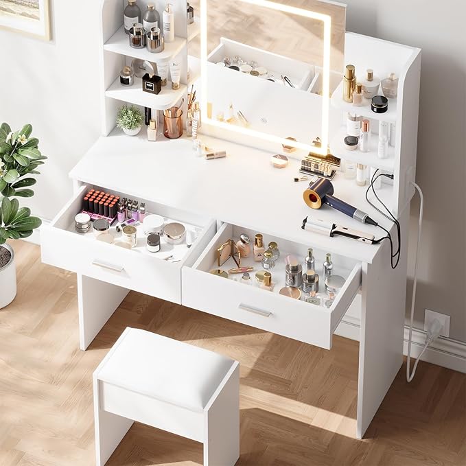 Garvee Vanity Desk with Lights | Tri-Mode LED Lighted Mirror & Charging Station | Makeup Vanity Set with 6 Shelves, 2 Drawers, Soft Cushion Stool | Dimmable Vanity Desk for Bedroom (White)