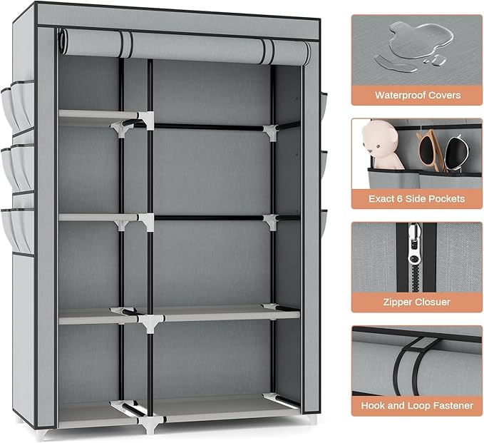 VTRIN Wardrobe Closet, 41.7 Inch Wide Portable Closets for Hanging Clothes with 1 Hanging Rod, 6 Shelves, 6 Pockets, Clothes Rack with Cover Portable Wardrobe Closet for Bedroom, Dorm, Grey