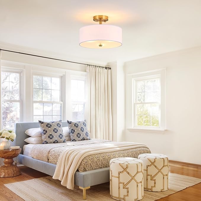 3-Light Gold Semi Flush Mount Ceiling Light,12" Drum Light with White Fabric Shade,Modern Close to Ceiling Light for Bedroom, Living Room, Kitchen, Dining Room, Hallway and Entryway