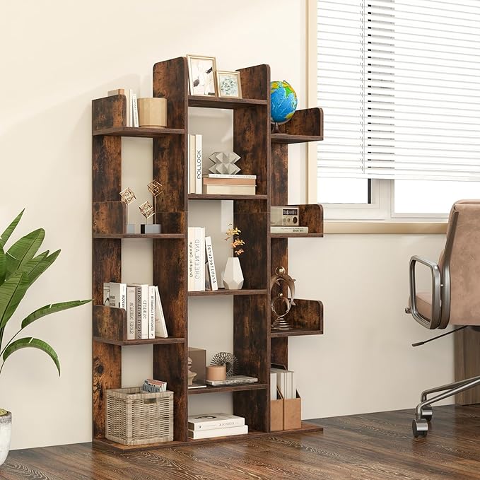 Tangkula Freestanding Tree Bookshelf, Corner Storage Organizer with 13 Open Shelves, Decorative Display Cube Shelf for Living Room, Study, Office, 34 x 9.5 x 55.5 Inch (1, Rustic Brown)