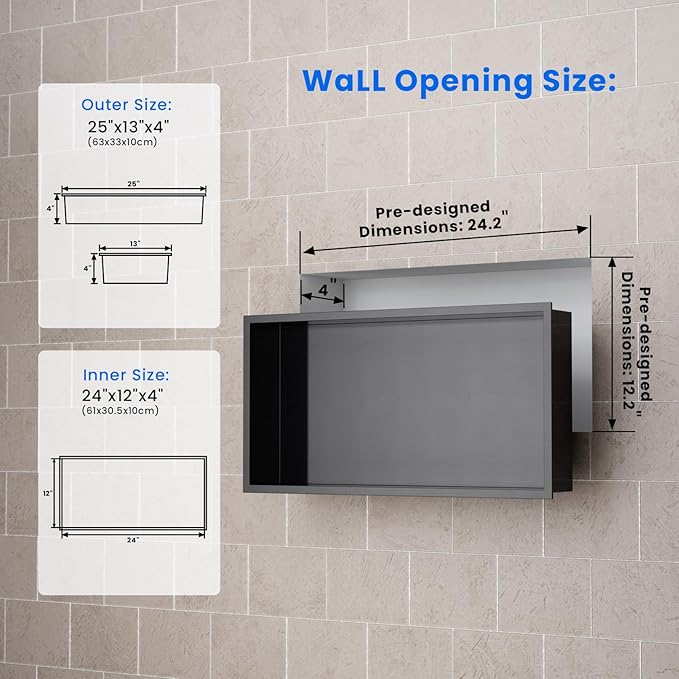 POPFLY No Tile Shower Niche, Stainless Steel Shower Niche 24"X12", Single Shelf No Tile Needed Recessed Bathroom Wall Niches, Dark Grey