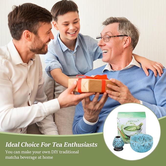 2Pcs Ceramic Matcha Bowl and Whisk Holder Set Easy to Use Tea Bowl and Whisk Stand Easy to Clean Matcha Tea Mixing Tool for Lover.(Kiln turns blove,2PCS)