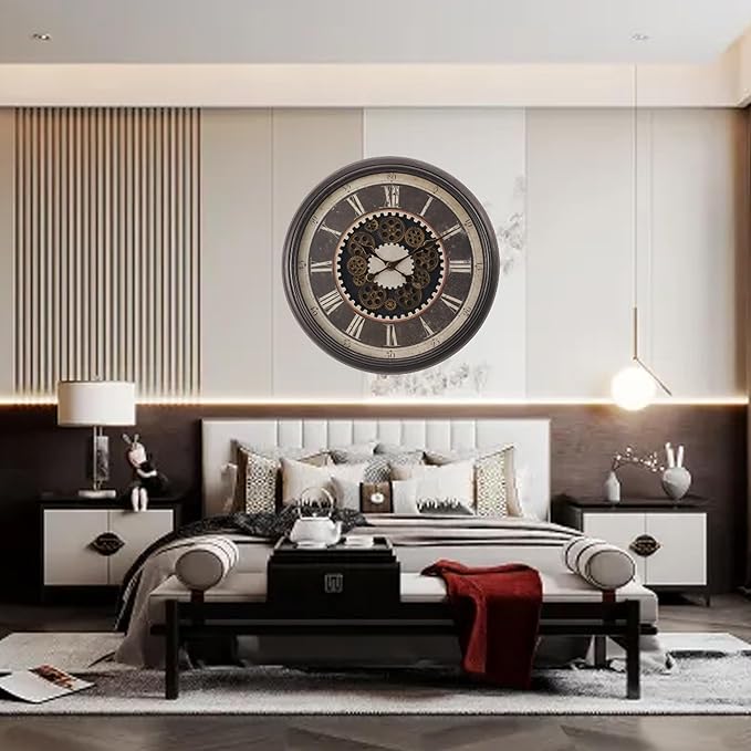 23 Inch Dark Brown Steampunk Wall Clock with Decorative Gears, Industrial Vintage Analog Clock for Living Room, Farmhouse, Office Decor, Silent Non-Ticking Battery Operated