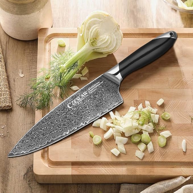 Chef Knife - 8 Inch kitchen knife, Japanese Damascus Chefs Knife, Professional Sharp Forged Black Japanese Damascus Cooking Knife, Full Tang, Ergonomic ABS Handle Design