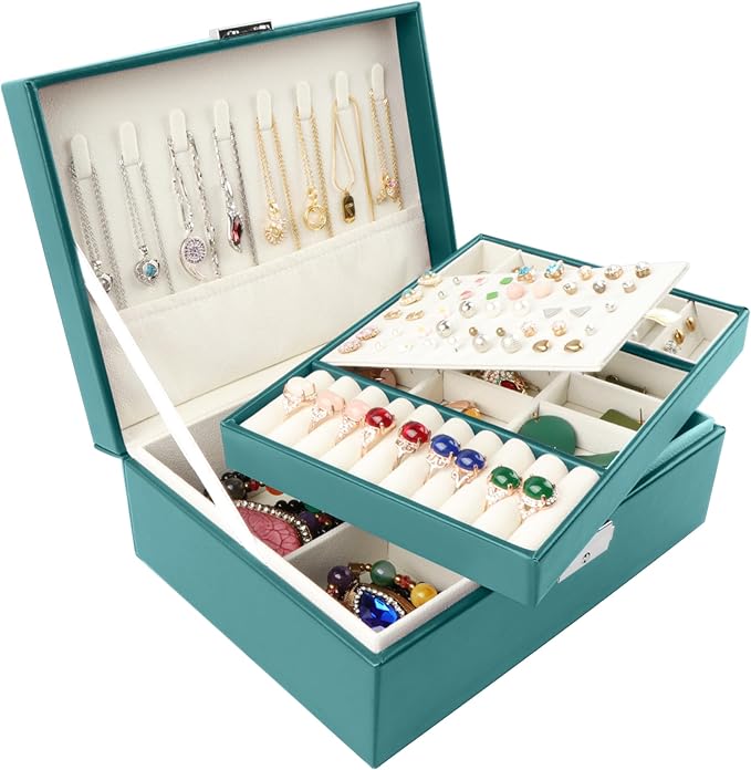 Homeanda Jewelry box 2 layer Jewelry box Leather Jewelry boxes for Women Girls Teens Jewelry organizer box Jewelry Storage box with lock(Green)