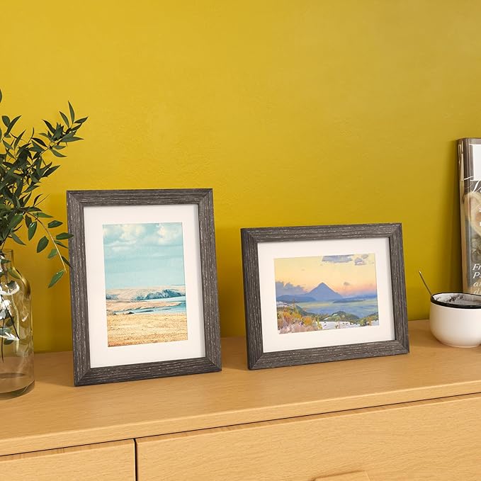 KINLINK 6x8 Picture Frame Ash Black, Solid Wood Frames with Acrylic Plexiglass for Pictures 4x6 with Mat or 6x8 without Mat, Tabletop and Wall Display Photo Frame, Set of 4