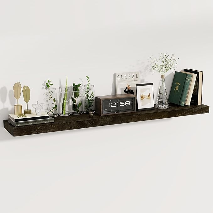 fuqing 55 Inch Wide x 9.3 Inch Deep Natural Wood Floating Shelves - Set of 1 - Country Rustic Walnut Wooden Wall Mounted Shelves with Upgraded Metal Brackets