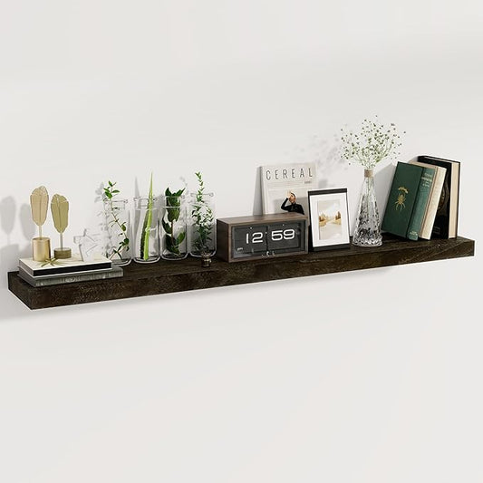 fuqing 55 Inch Wide x 9.3 Inch Deep Natural Wood Floating Shelves - Set of 1 - Country Rustic Walnut Wooden Wall Mounted Shelves with Upgraded Metal Brackets