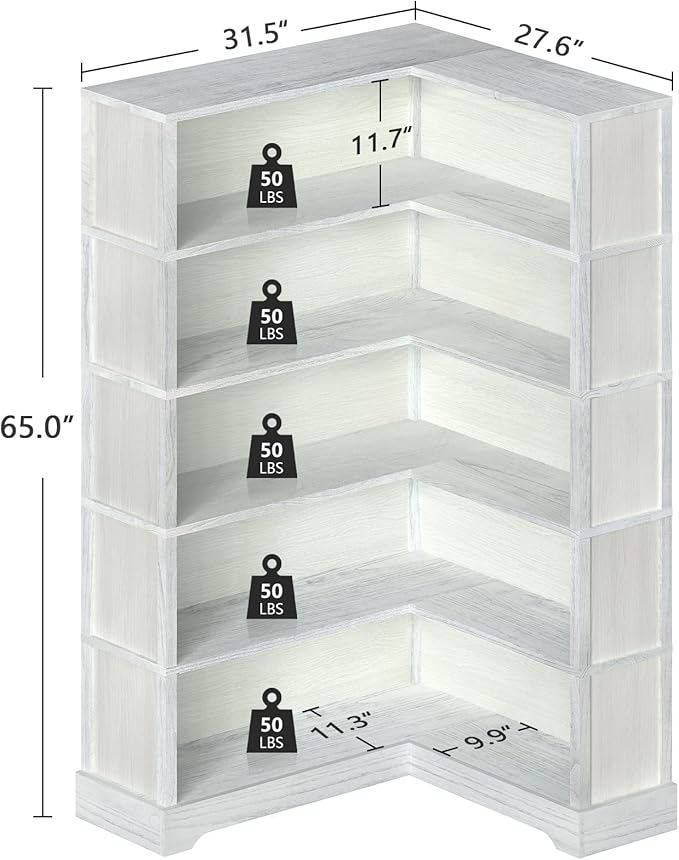 TVU Wood Corner Book Shelf, 5 Tier 65 Inch Tall Bookshelf with Storage, Floor Standing Display Book Shelf for Living Room, Kitchen, Home Office, Antique White