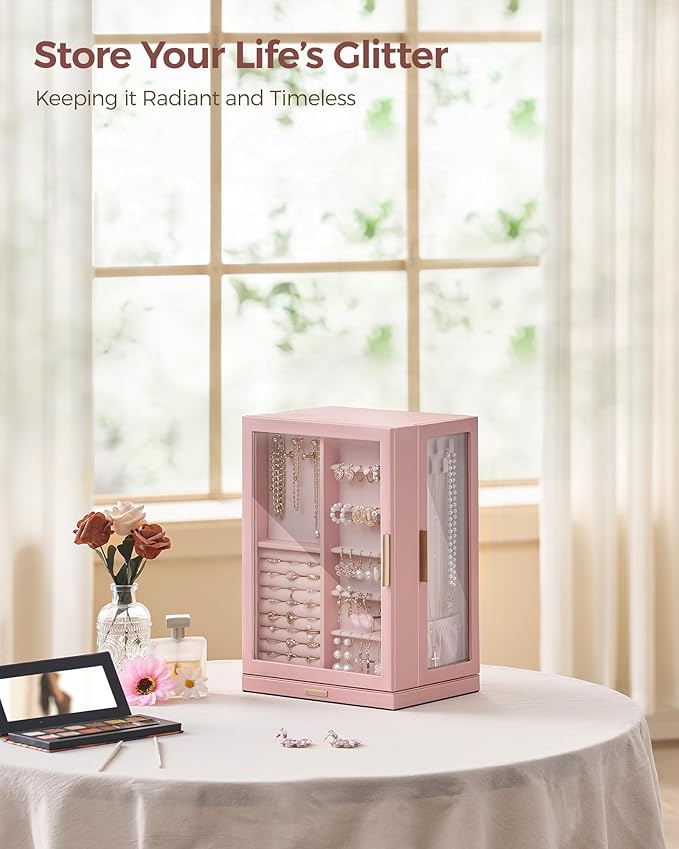 360° Rotating Jewelry Box with 7 Drawers, Spacious Vertical Jewelry Organizer with Glass Window, Jewelry Storage Case, Dustproof & Moisture-resistant Design, Pink