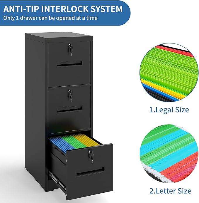 3 Drawer File Cabinet with 3 Individual Locks, Vertical Metal Filing Cabinet Home Office Narrow Locking File Cabinets for A4/Legal/Letter File Folders, Anti-Tilt Design, Need Assemble (Black)