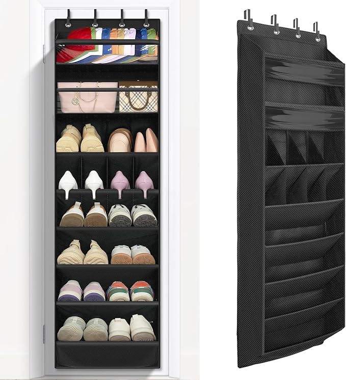 FENTEC 1 Pack 8 Shelves Over The Door Shoe Organizer, 68" Exlarge Deep Pockets Hanging Shoe Organizer, Shoe Rack for Closet, Shoe Holder for Boots,Over Door Organizer in Home, RV, Dorm, Black